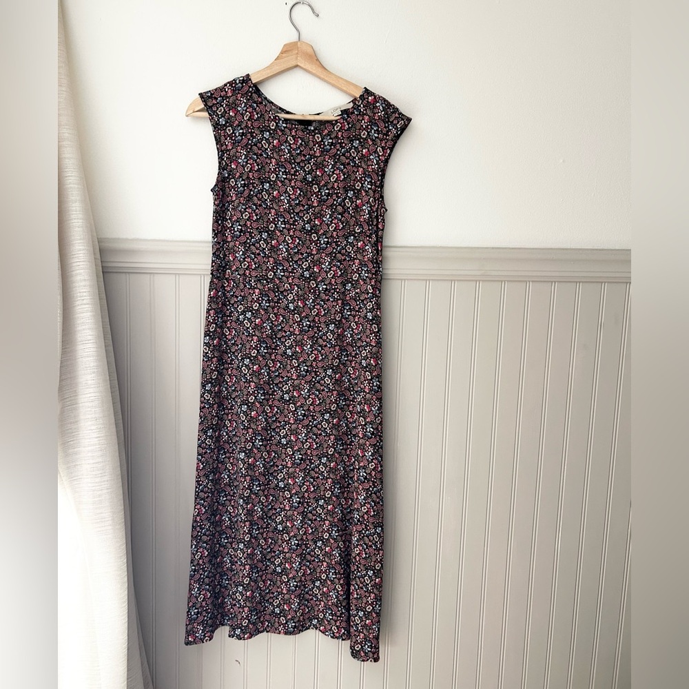 LOFT Size 0 Black and Pink Floral Midi Side Slit Cap Sleeve Dress